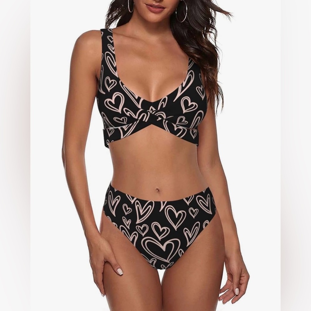 Heart Patterned Black and Pink Women's Swimwear - High Waisted Bikini Set